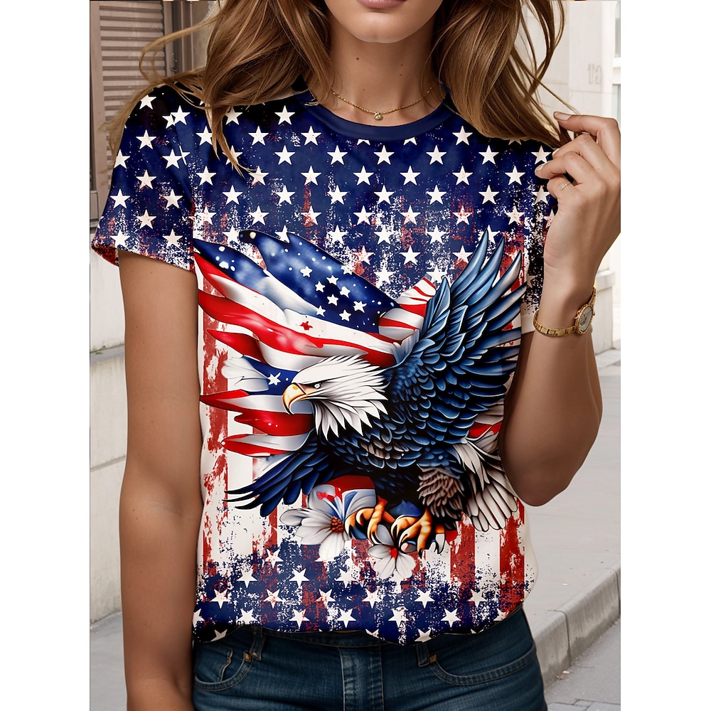 Damen T Shirt Fahne Farbblock Amerikanische Flagge Brautkleider schlicht Kurzarm Rundhalsausschnitt Normale Oberteile Täglich Wochenende Bedruckt Marineblau Sommer Frühling Lightinthebox