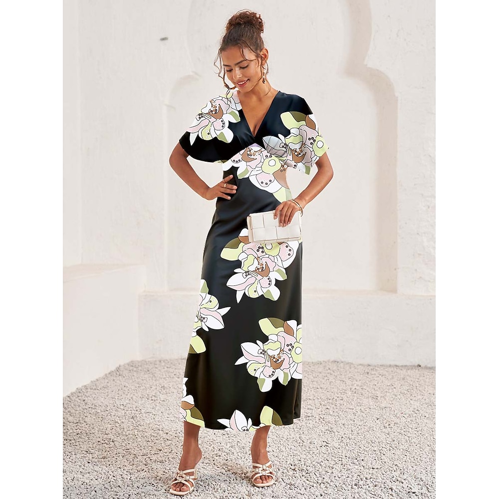 Damen A Linie Kleid Elegant Vintage Stilvoll Urlaub kleid hochzeitsgast Verlobung Regular Fit Blumen Graphic Vintage Kurzarm V Ausschnitt Schwarz Sommer Lightinthebox