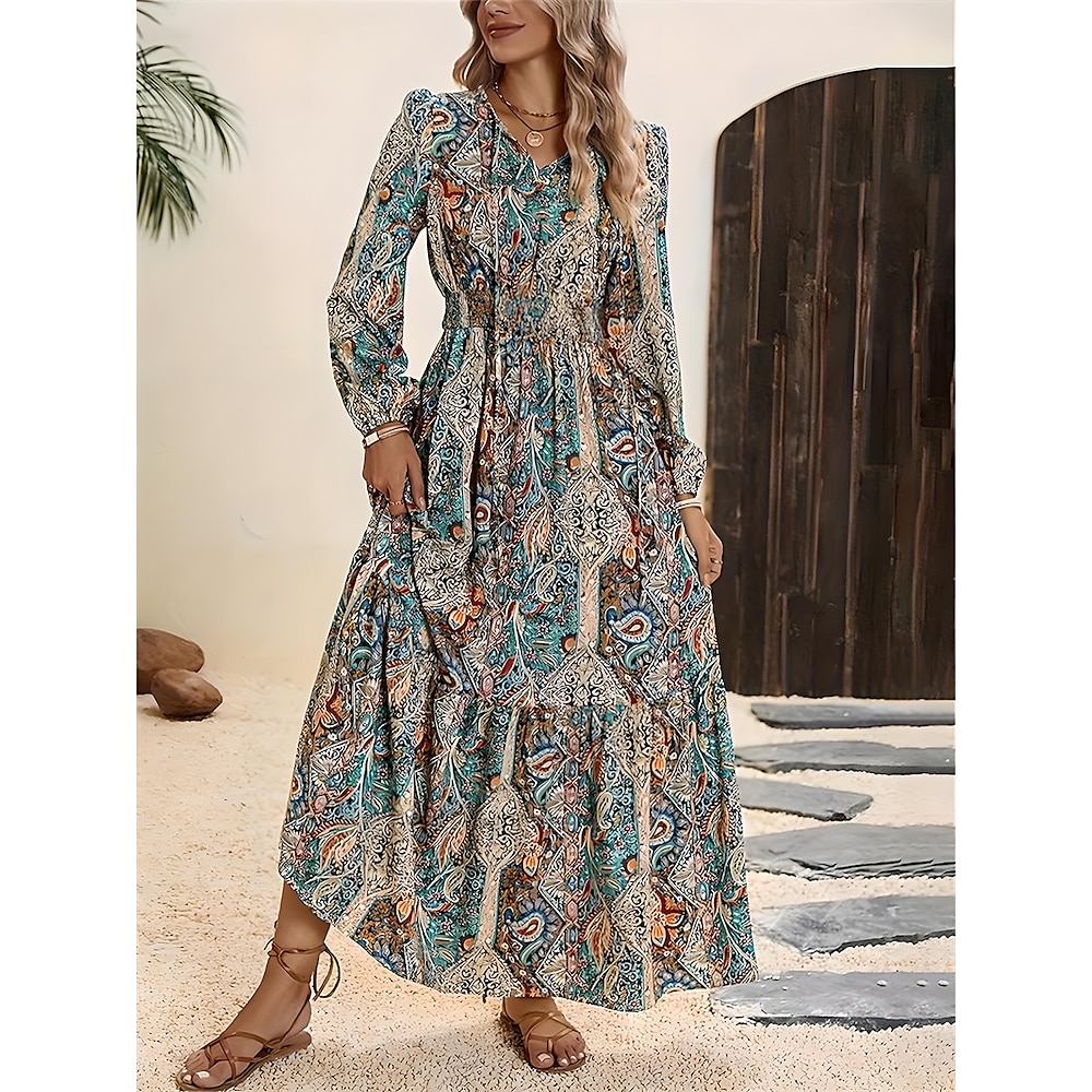 Damen Maxidress A Linie Kleid Kleid mit Puffärmeln Böhmen Urlaub Urlaub Casual Täglich Regular Fit Graphic Langarm Rundhalsausschnitt Marineblau Sommer Frühling Lightinthebox