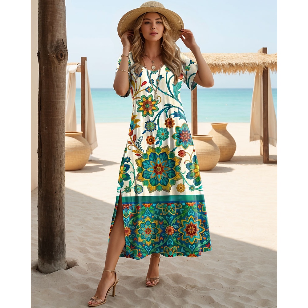 Damen Normal Maxidress Langärmliges Boho-Kleid Elegant Vintage Schmetterling Urlaub Strand Regular Fit Blumen Graphic Vintage Kurzarm Rundhalsausschnitt Grün Sommer Lightinthebox