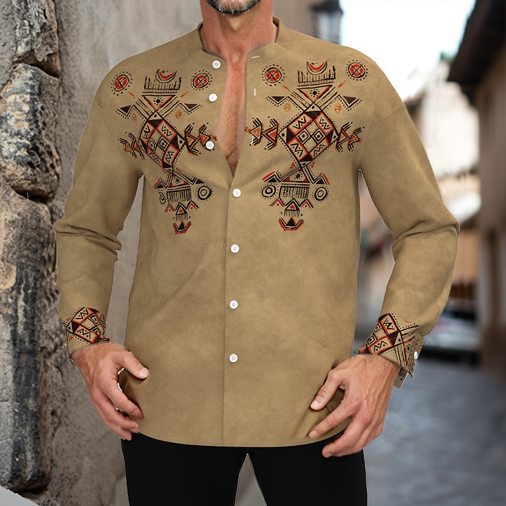 Herren Geometrisch aztekisch Ethnisch Hemd Hawaiihemd Sommerhemd Hemd ohne Kragen Langarm Vintage-Retro Urlaub Casual Festtage Sommer Frühling Stehkragen 3D-Druck Button-Down-Hemden Braun Lightinthebox