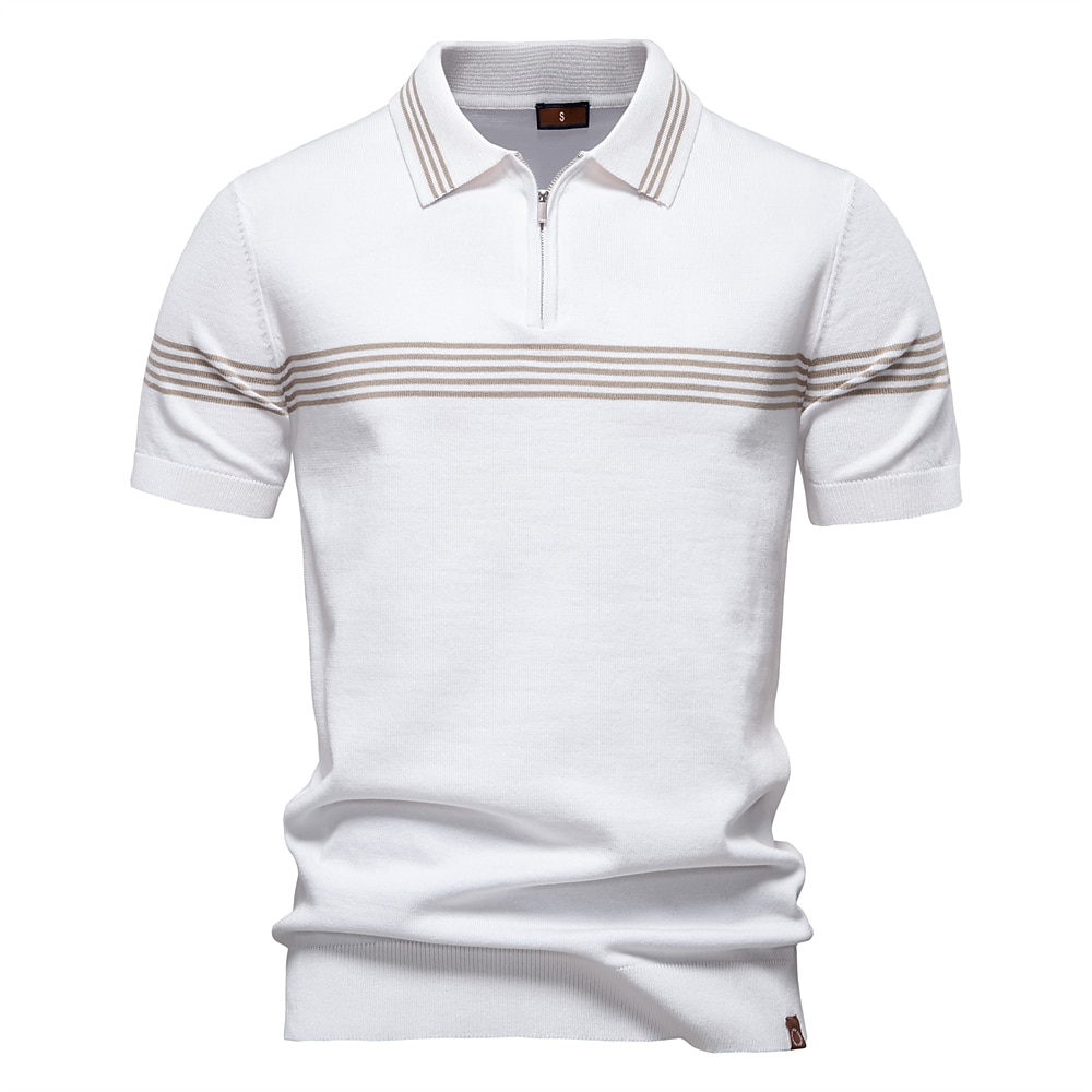 Herren Polo Polo Pullover Formal Arbeit Umlegekragen Viertel Postleitzahl Kurzarm Gestreift Reißverschluss Stripe-Trim Frühling Schwarz Weiß Khaki Polo Lightinthebox