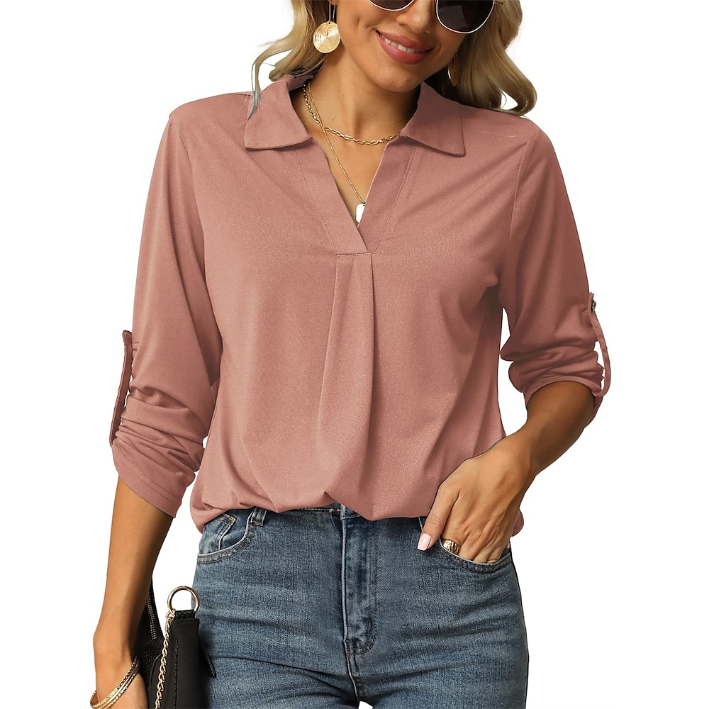 Damen Hemd Bluse Elegant Täglich Stilvoll Feste Farbe Normale Oberteile Langarm V Ausschnitt Regular Fit Täglich Schwarz Rosa Blau Frühling Herbst Lightinthebox