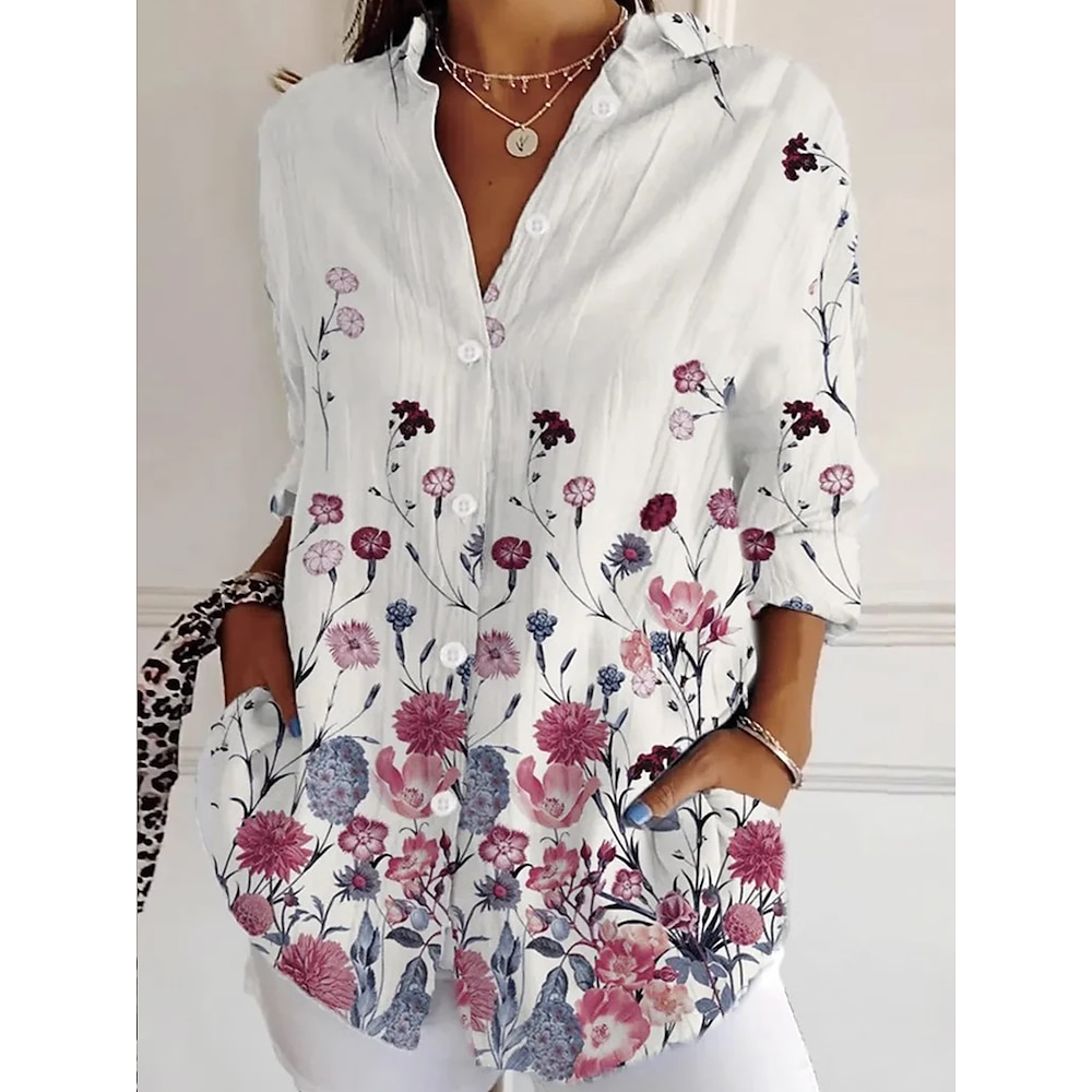 Damen Hemd Bluse Farbverlauf Blumen Graphic Täglich Stilvoll Retro Vintage 3/4 Ärmel Hemdkragen Normale Oberteile Täglich Festtage Ausgehen Knopf Weiß Sommer Frühling Lightinthebox