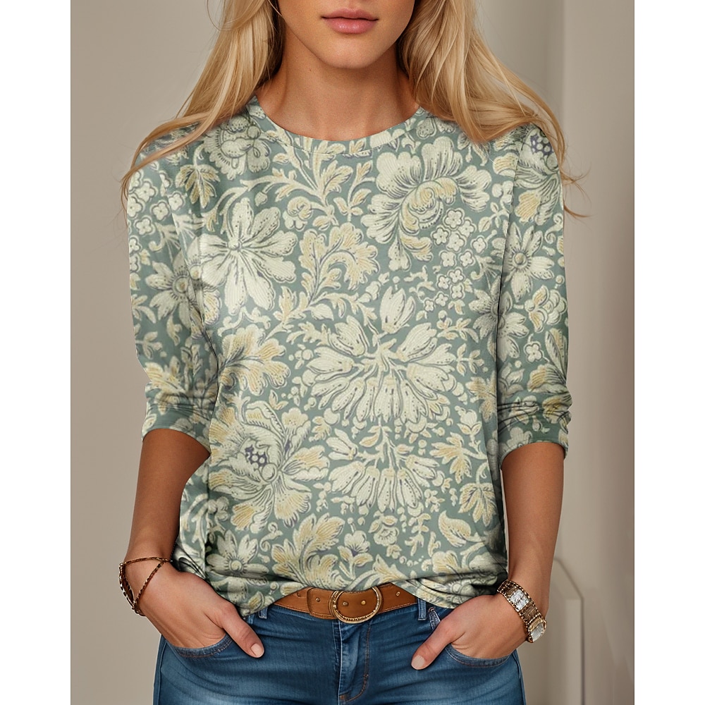 Damen T Shirt Blumen Brautkleider schlicht Langarm Rundhalsausschnitt Normale Oberteile Täglich Bedruckt Grün Frühling Herbst Lightinthebox