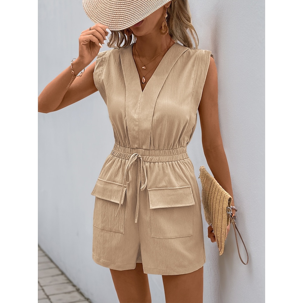 Damen Normal Kurz Jumpsuit Aktiv Feste Farbe Ärmellos V Ausschnitt Tasche Hohe Taillenlinie Urlaub Täglich Regular Fit Khaki Sommer Lightinthebox