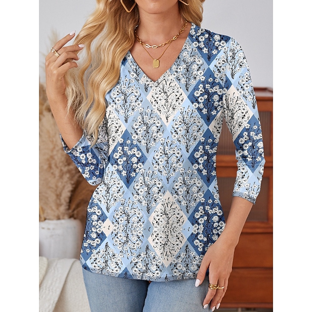 Damen T Shirt Blumen Brautkleider schlicht Langarm V Ausschnitt Normale Oberteile Täglich Bedruckt Himmelblau Frühling Herbst Lightinthebox