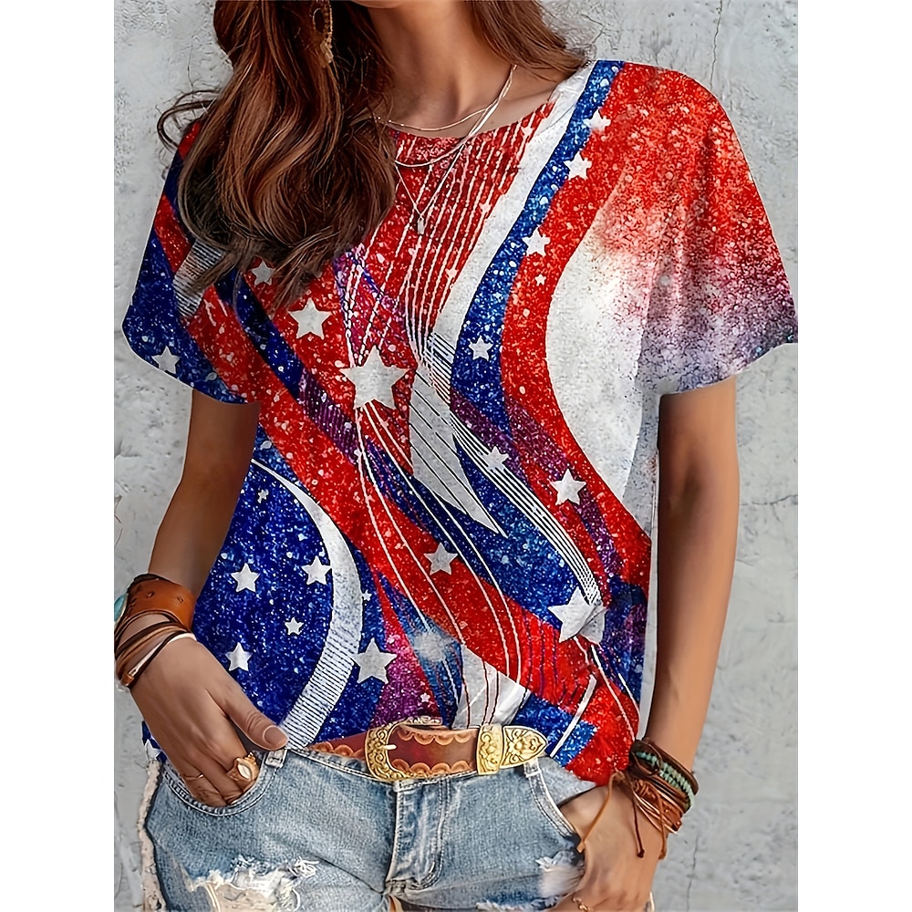 Amerikanischer Unabhängigkeitstag Damen T Shirt Fahne Vintage Modisch Stilvoll Kurzarm Rundhalsausschnitt Normale Oberteile Täglich Ausgehen Wochenende Bedruckt Rote Sommer Lightinthebox