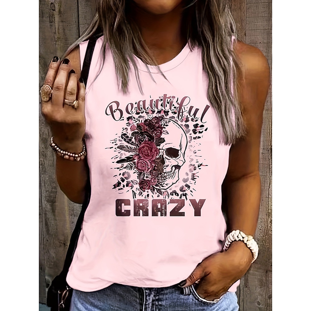 Damen Hemd Bluse Blumen Totenkopf Motiv Stilvoll Brautkleider schlicht Ärmellos Rundhalsausschnitt Normale Oberteile Täglich Bedruckt Weiß Rosa Sommer Lightinthebox