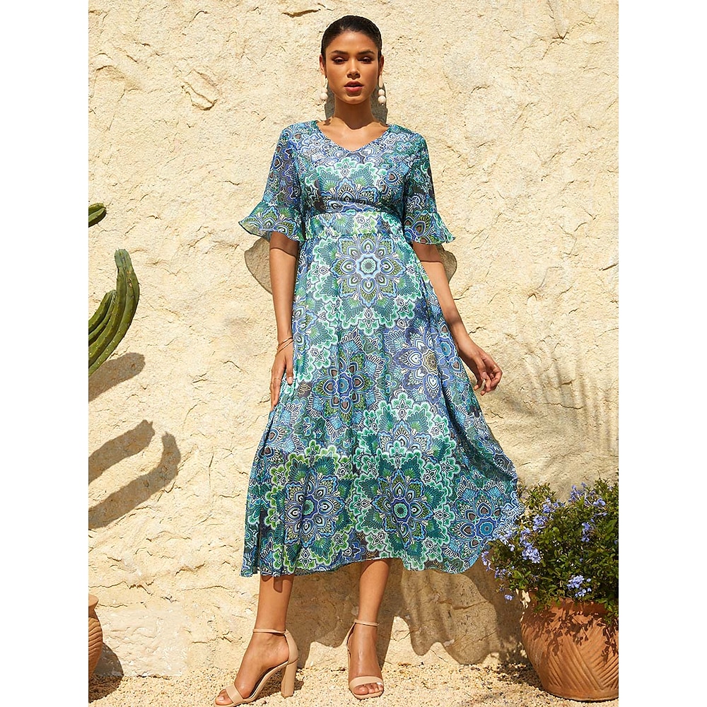 Damen Normal Vintage-Kleid Maxidress Glockenförmige Ärmel Elegant Vintage Stilvoll Urlaub Täglich Festtage Regular Fit Blumen Graphic Kurzarm V Ausschnitt Hellgrün Sommer Lightinthebox