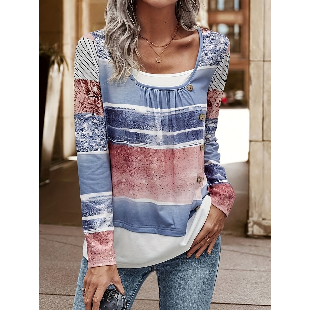 Damen Hemd Bluse Gestreift Stilvoll Brautkleider schlicht Langarm U-Ausschnitt Normale Oberteile Täglich Knopf Bedruckt Himmelblau Sommer Frühling Lightinthebox