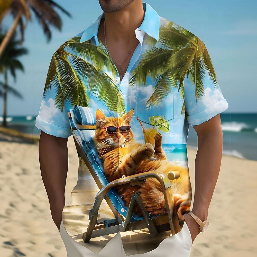 Herren Tier Katze Kokosnussbaum Hawaiihemd Sommerhemd Knopfhemd Aloha-Shirt Kurzarm Hawaiianisch Resort Urlaub Festtage Strandbekleidung Sommer Frühling Umlegekragen Hemden mit Kragen Eine Tasche Lightinthebox