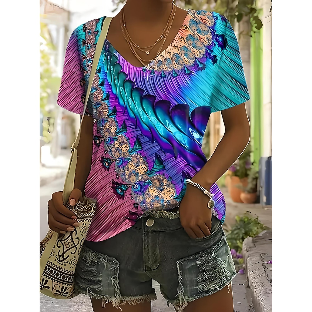 Damen T Shirt Farbverlauf Farbblock Regenbogen Brautkleider schlicht Kurzarm V Ausschnitt Normale Oberteile Täglich Bedruckt Regenbogen Sommer Lightinthebox