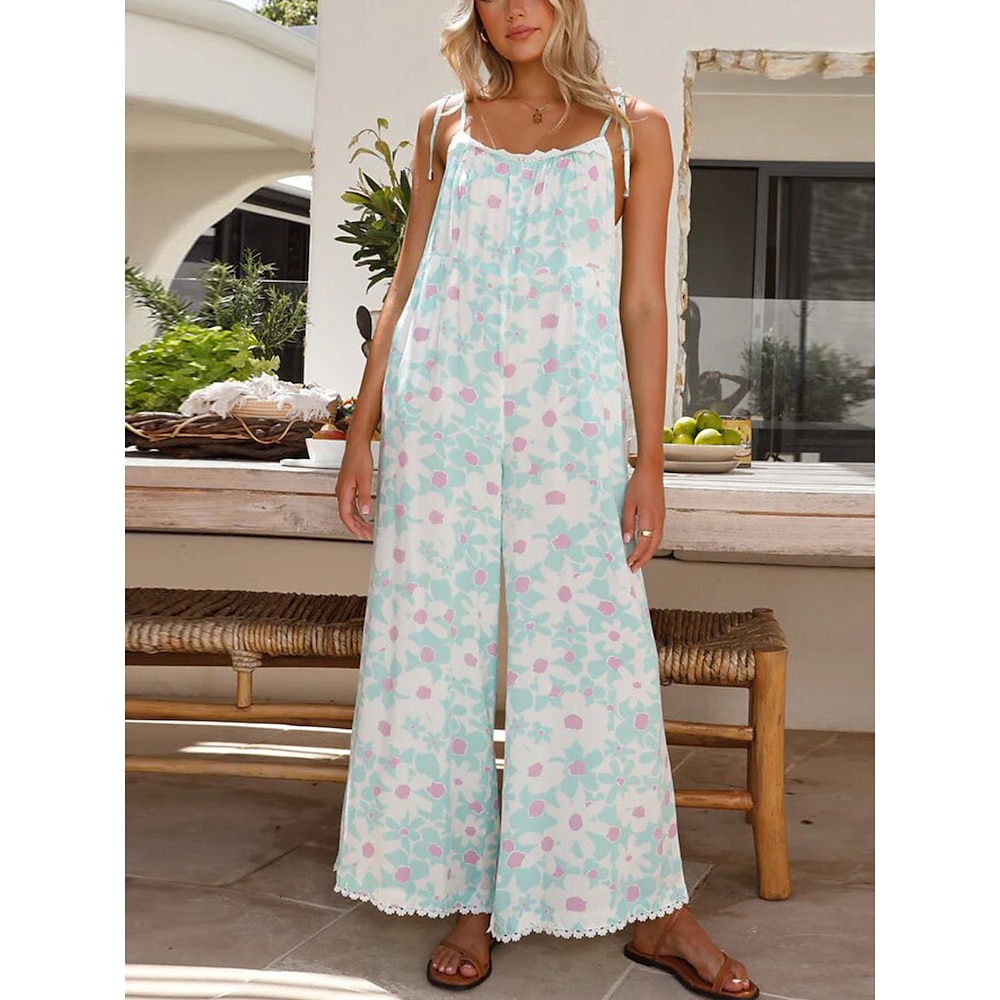 Damen Normal Jumpsuit Aktiv Blumen Ärmellos U-Ausschnitt Hohe Taillenlinie Urlaub Täglich Lockere Passform Leicht Blau Sommer Lightinthebox