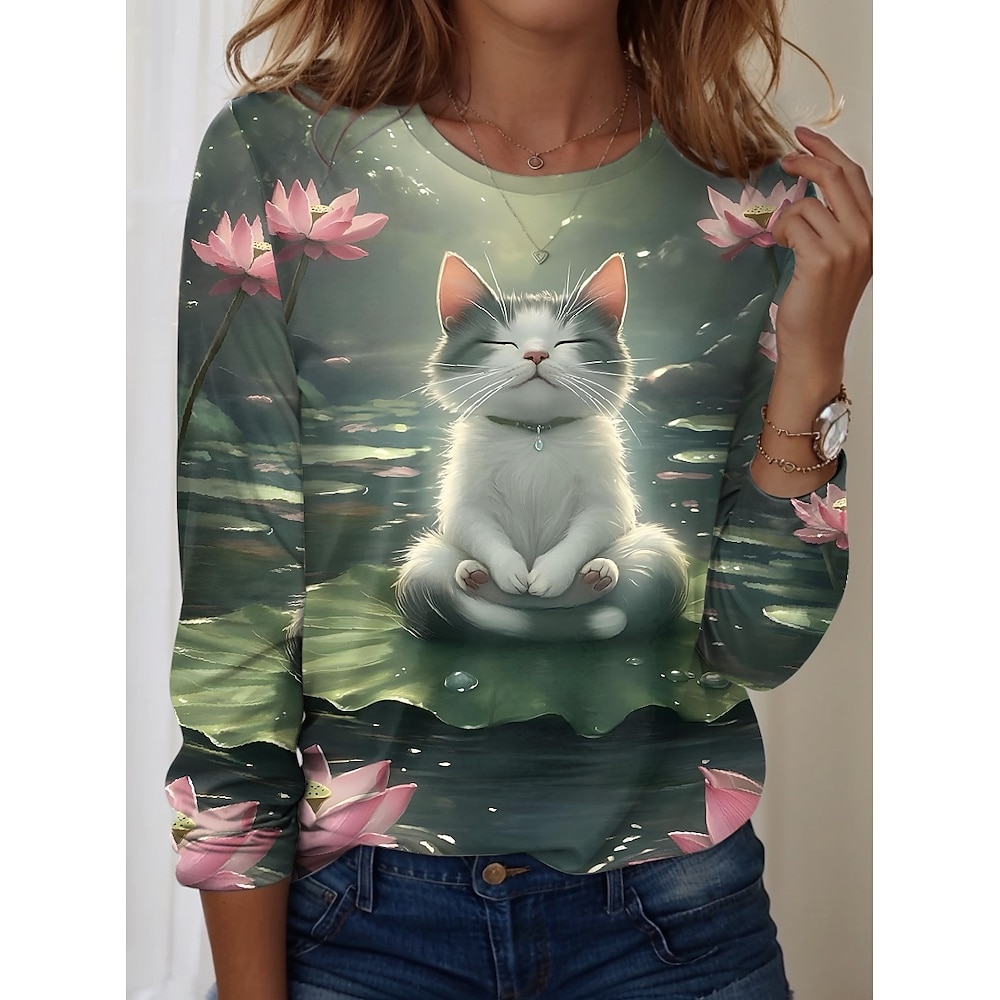 Damen T Shirt Blumen Tier Katze Brautkleider schlicht Langarm Rundhalsausschnitt Normale Oberteile Täglich Bedruckt Hellgrün Frühling Herbst Lightinthebox