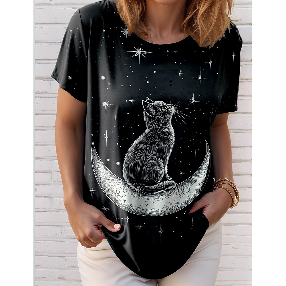 Damen T Shirt Tier Katze Stilvoll Brautkleider schlicht Kurzarm Rundhalsausschnitt Normale Oberteile Täglich Bedruckt Schwarz Sommer Frühling Lightinthebox