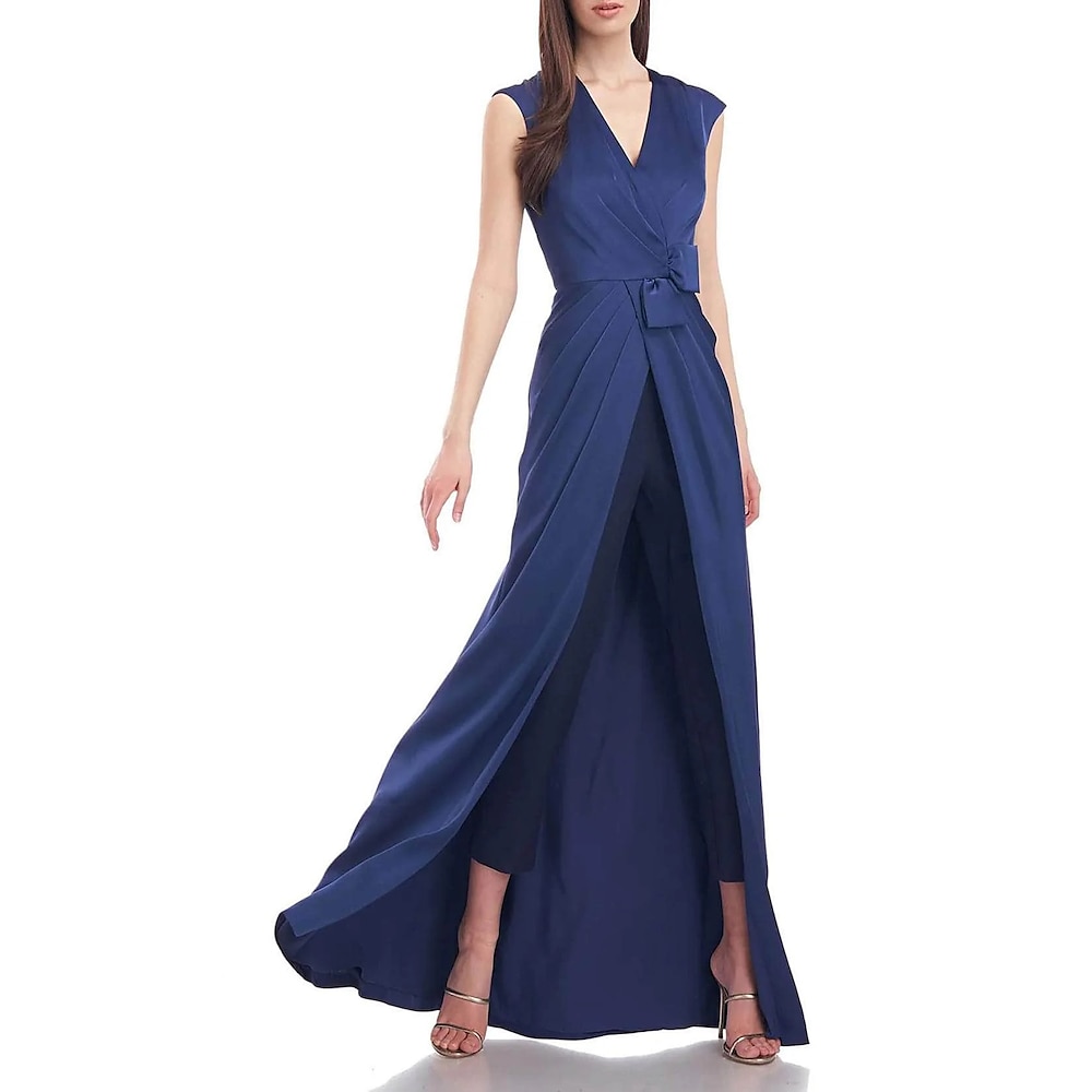 formeller Überrock-Overall, Abendkleid, elegantes Kleid für Hochzeitsgäste, bodenlang, ärmellos, V-Ausschnitt, Satin, mit Schleife(n), gerüscht 2025 Lightinthebox