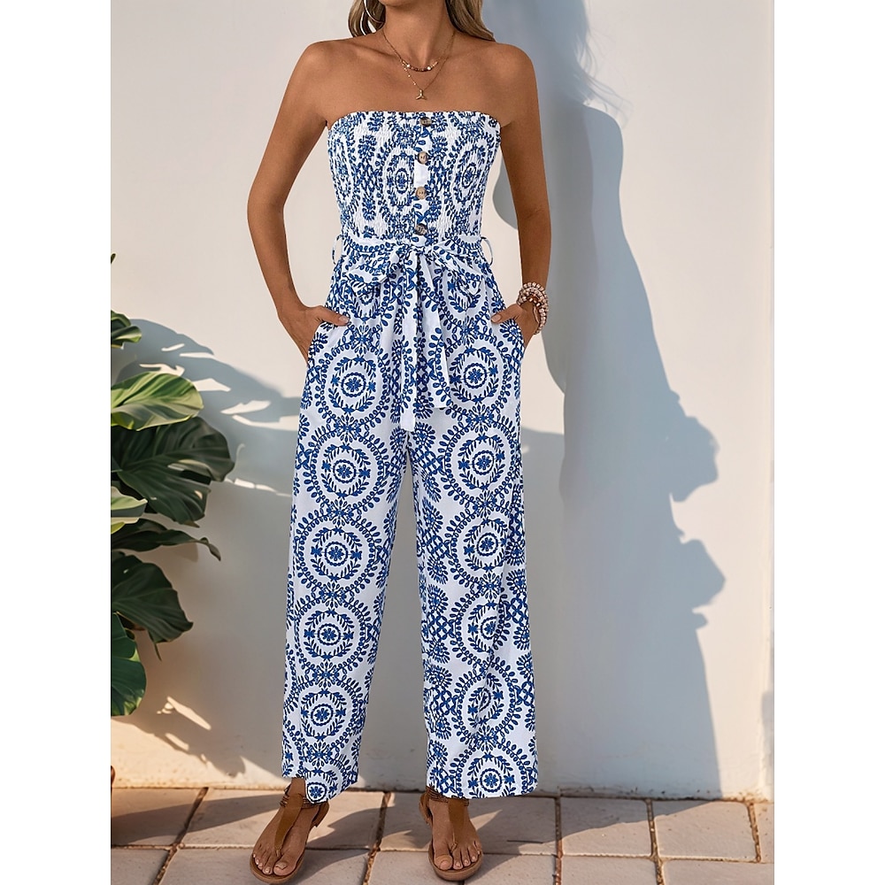 Damen Normal Jumpsuit Aktiv Blumen Ärmellos Trägerlos Rückenfrei Tasche Urlaub Täglich Regular Fit Blau Sommer Lightinthebox