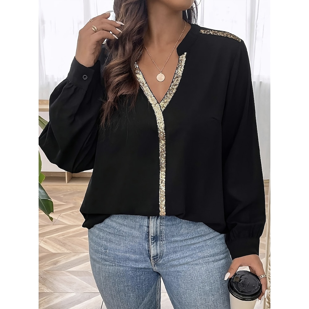 Damen Hemd Bluse Feste Farbe Stilvoll Brautkleider schlicht Langarm Gekerbter Hals Normale Oberteile Täglich Pailletten Patchwork Schwarz Sommer Frühling Lightinthebox