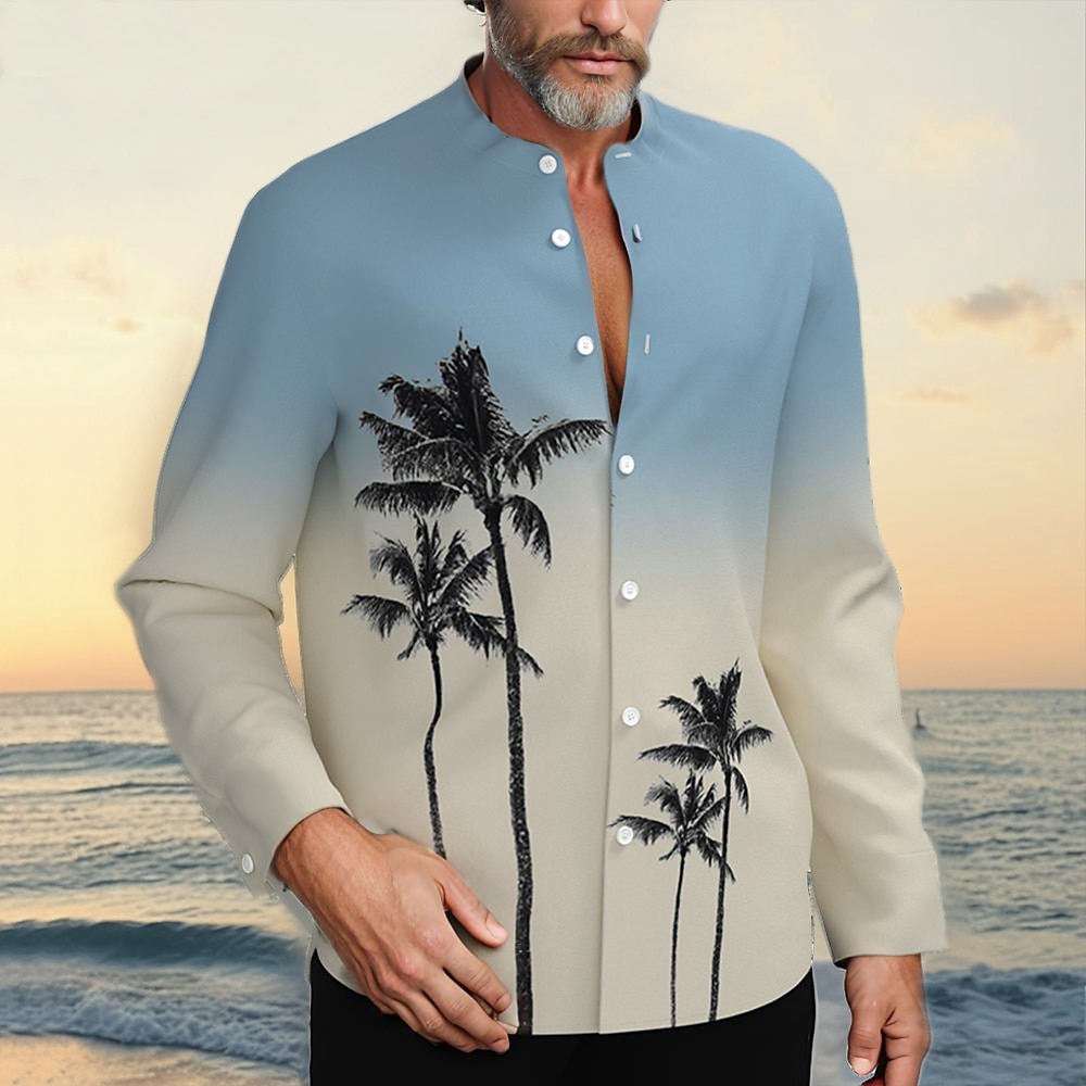 Herren Kokosnussbaum Farbverlauf Tropische Pflanzen Hemd Hawaiihemd Sommerhemd Hemd ohne Kragen Langarm Hawaiianisch Resort Urlaub Casual Festtage Sommer Frühling Stehkragen 3D-Druck Lightinthebox