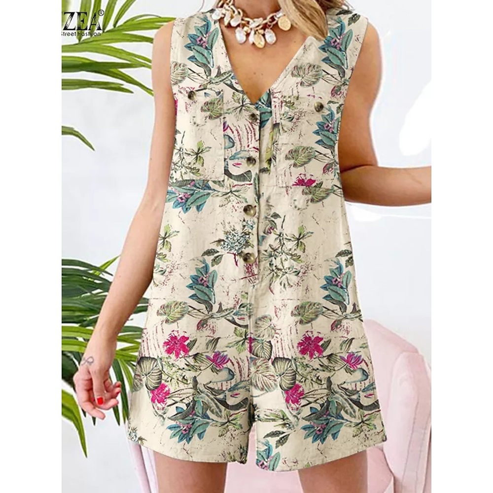 Damen Normal Kurz Jumpsuit Aktiv Blumen Ärmellos V Ausschnitt Knopf Hohe Taillenlinie Urlaub Täglich Regular Fit Gelb Rote Marineblau Sommer Lightinthebox