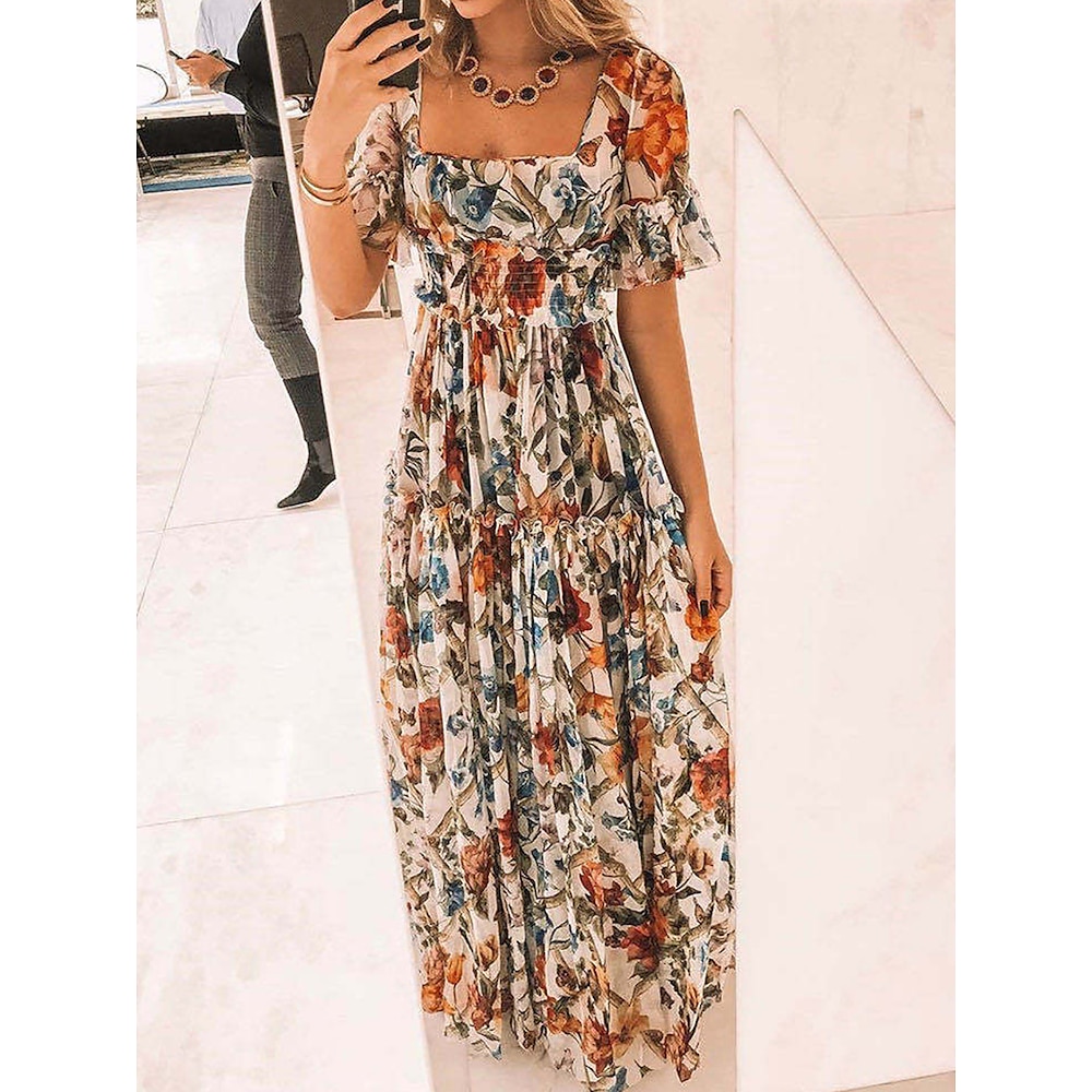 Damen Maxidress Corsagenkleider A Linie Kleid Milchmädchen-Kleid Kleid mit Puffärmeln Urlaub Urlaub Täglich Regular Fit Blumen Kurzarm Quadratischer Ausschnitt Gelb Aprikose Sommer Lightinthebox