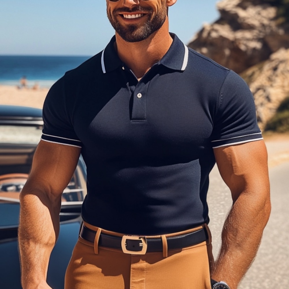 Herren Golfhemd Poloshirts aus Piqué Geschäft Casual Gerippter Polokragen Kurzarm Modisch Basic Feste Farbe Farbblock Knopf Sommer Frühling Herbst Regular Fit Marinenblau Golfhemd Lightinthebox