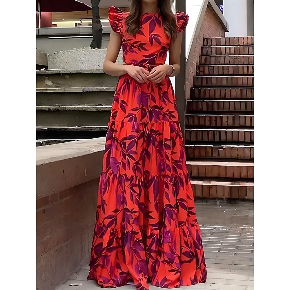 Damen kleid lang Wickelkleid Maxidress A Linie Kleid Rüschenkleid Böhmen Vintage Boho Ausgestellter Ärmel Urlaub Festtage Cocktailparty Regular Fit Blumen Graphic Kurzarm Rundhalsausschnitt Rote Lightinthebox