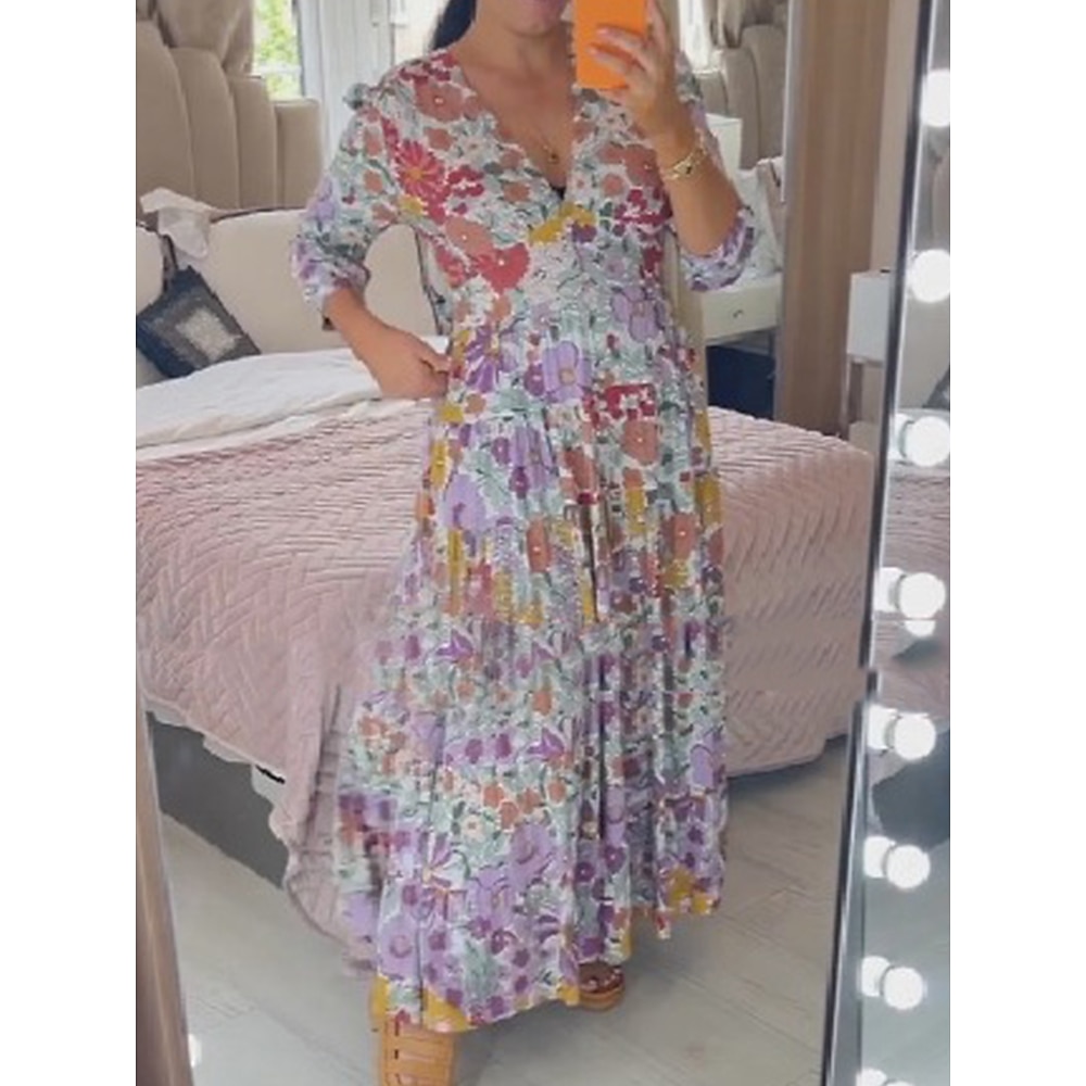 Damen Maxidress A Linie Kleid Sommerkleid Urlaub Urlaub Täglich Regular Fit Blumen Langarm V Ausschnitt Purpur Sommer Lightinthebox