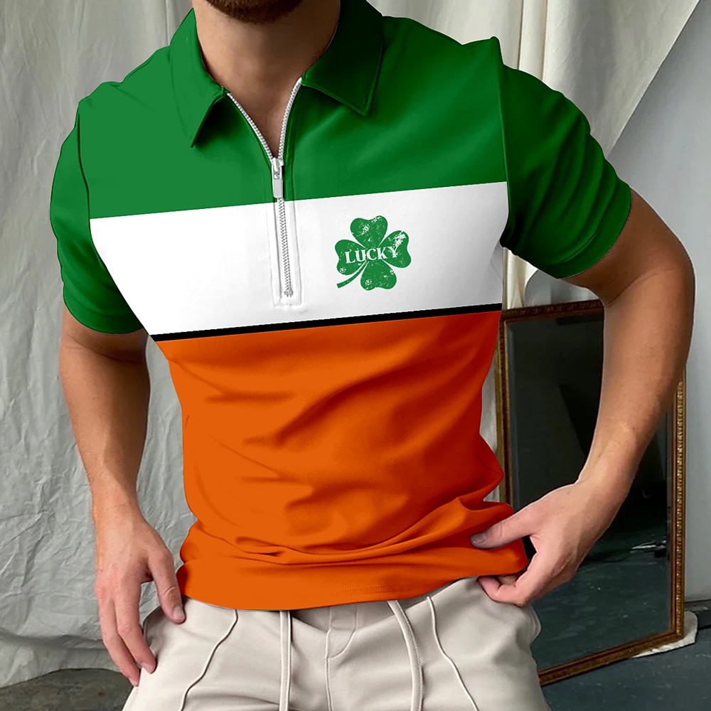 Herren Vierblättriges Kleeblatt Zip Polo Kurzarm Umlegekragen Casual / sportlich Casual St. Patrick Day 3D-Druck Grün Lightinthebox