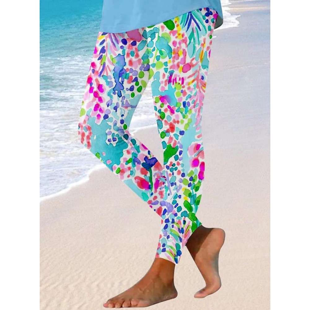 Damen Leggins Modisch Strassenmode In voller Länge Hoher Taillenbund Graphic Blatt Print warm Atmungsaktiv Weich Mikro-elastisch Urlaub Strand Wochenende Rubinrot Sommer Frühling Regular Fit Lightinthebox