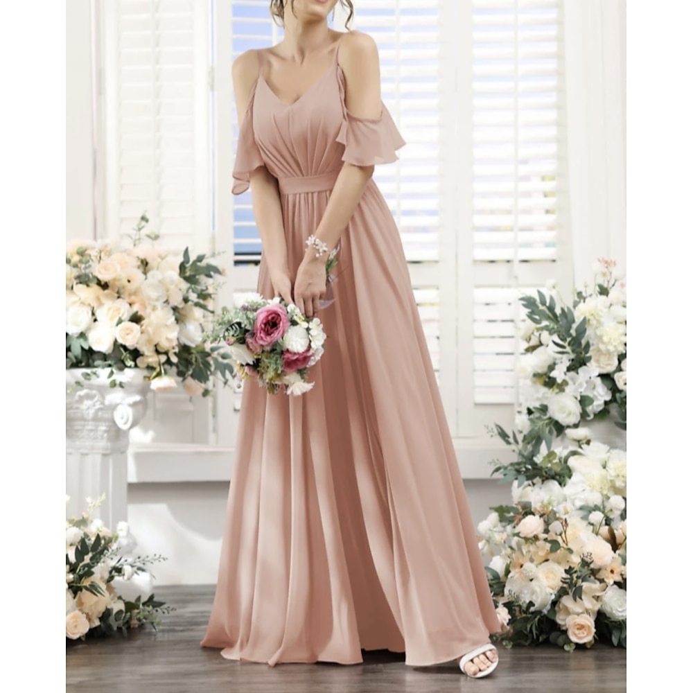 -Linie Brautjungfernkleid V-Ausschnitt / Spaghettiträger Kurzarm elegant bodenlang Chiffon mit Schärpe / Schleife / Falten / Rüschen 2025 Lightinthebox