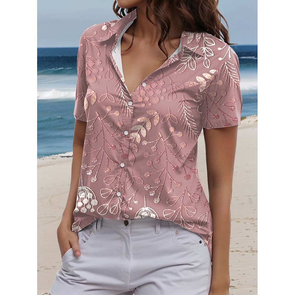 Damen Hemd Bluse Blumen Graphic Täglich Brautkleider schlicht Kurzarm Hemdkragen Normale Oberteile Täglich Knopf Bedruckt Rosa Sommer Lightinthebox