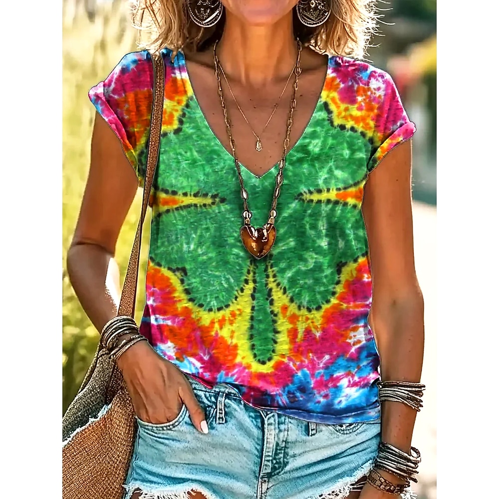 Damen Hemd Bluse Kleeblatt Graffiti Stilvoll Brautkleider schlicht Kurzarm V Ausschnitt Normale Oberteile Täglich Bedruckt Regenbogen Sommer Lightinthebox