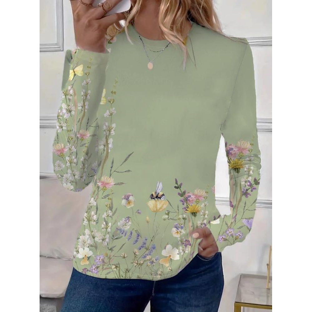 Damen T Shirt Blumen Brautkleider schlicht Langarm Rundhalsausschnitt Normale Oberteile Täglich Bedruckt Salbeigrün Purpur Beige Grau Frühling Herbst Lightinthebox