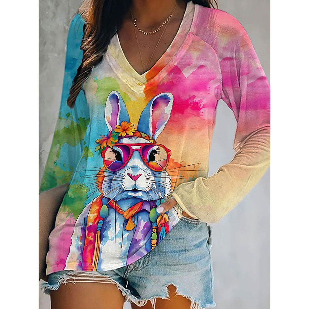 Ostern Damen T Shirt Tier Batik Modisch Modern Brautkleider schlicht Langarm V Ausschnitt Normale Oberteile Täglich Wochenende Bedruckt Rosa Herbst Winter Lightinthebox