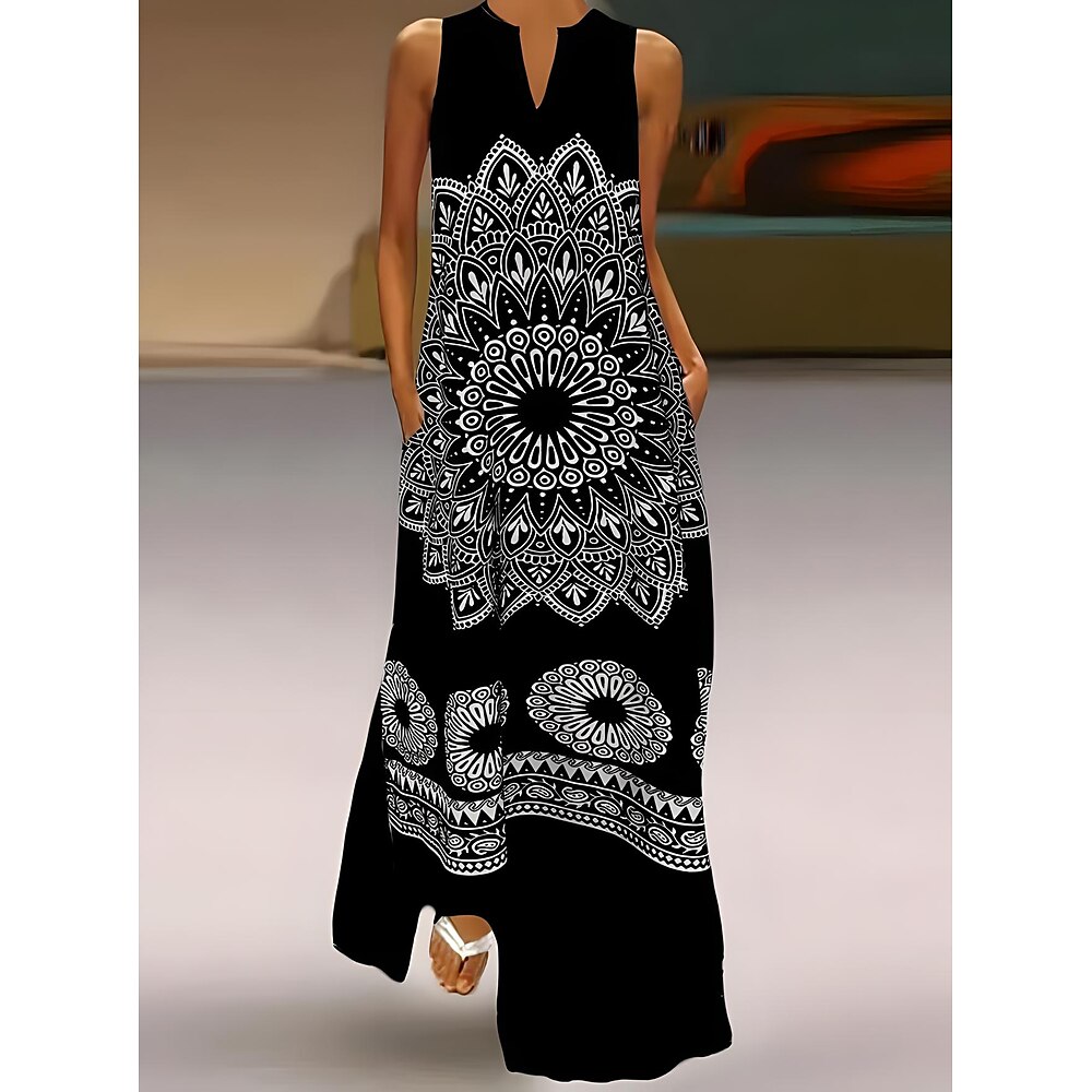 Damen Maxidress Tank-Top Kleid Böhmen Urlaub Vintage Urlaub Lockere Passform Geometrisch Paisley-Muster Vintage Ärmellos Gespaltener Hals Schwarz Sommer Lightinthebox