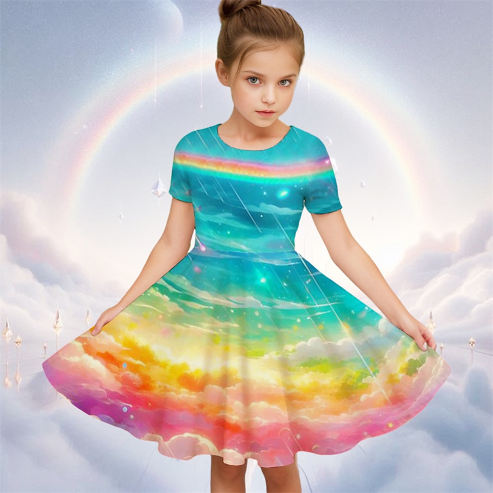 Mädchen' 3D Graphic Regenbogen Kleid Kurzarm Sommer Frühling Urlaub Täglich Festtage Prinzessin Schön Süß kinderkleidung 4-12 Jahre Casual kleid A Linie Kleid Knielang Regular Fit Lightinthebox