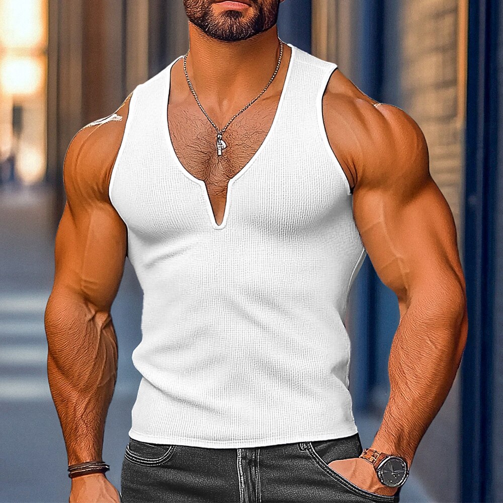 Herren Waffel-Tanktop Tank Top Weste Unterhemd Ärmellos V Ausschnitt Sommer Einfach Mode Klassisch Bequem Straße Lässig Sport Weiß Gelb Blau Top T-Shirt für Herren Lightinthebox