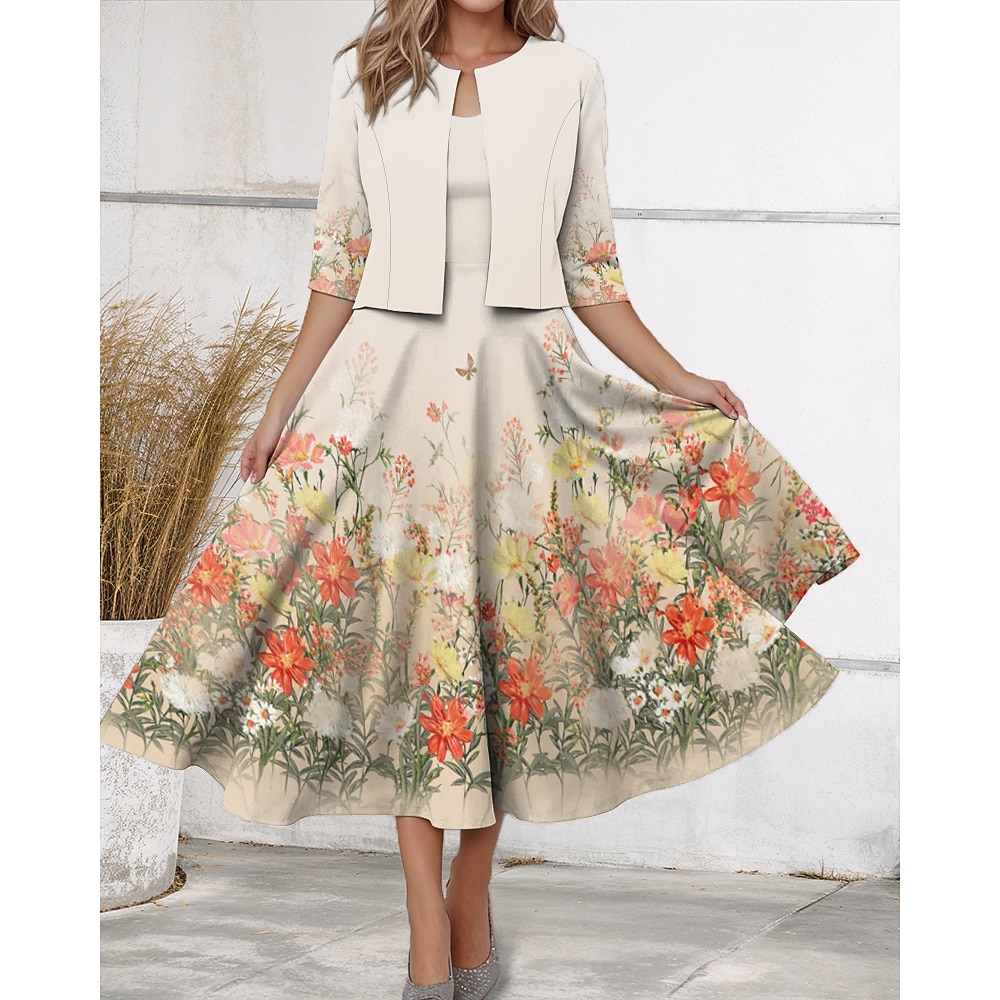 Damen Kleid-Set Casual kleid Chiffon-Kleid Schaukelkleid Elegant Blumen Bedruckt Midikleid Halbe Ärmel V Ausschnitt Urlaub Verabredung Beige Frühling Regular Fit Lightinthebox