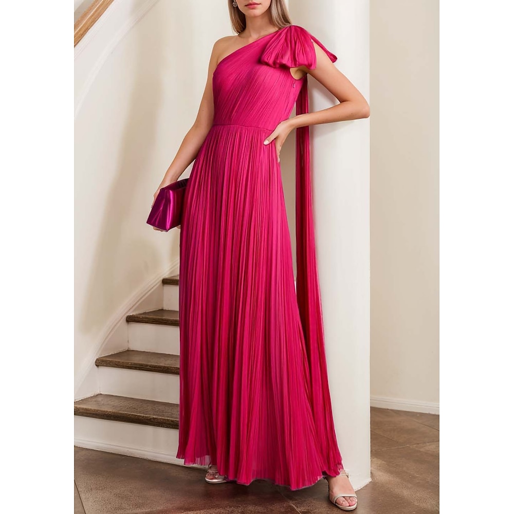 A-Linie Abendkleider Elegant Kleid Formal Valentinstag Boden-Länge Ärmellos Ein-Schulter Chiffon mit Schleife(n) Plissee Gerafft 2025 Lightinthebox