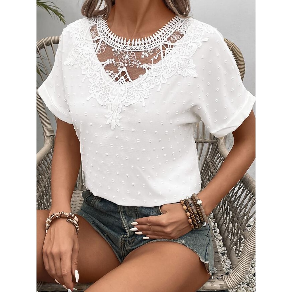 Damen Hemd Bluse Feste Farbe Elegant Stilvoll Basic Kurzarm Rundhalsausschnitt Normale Oberteile Täglich Spitze Bestickt Weiß Sommer Frühling Lightinthebox