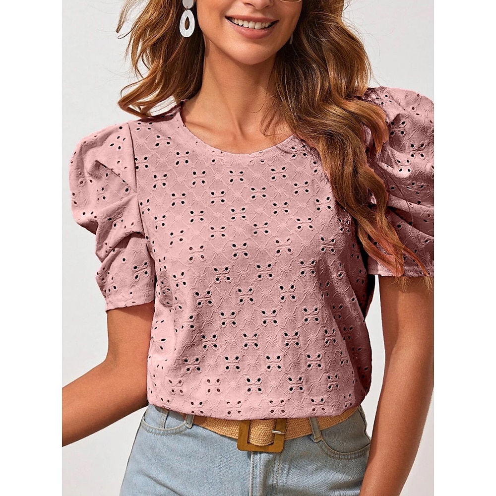 Damen Hemd Bluse Feste Farbe Stilvoll Brautkleider schlicht Kurzarm Rundhalsausschnitt Normale Oberteile Täglich Öse Rosa Grün Sommer Frühling Lightinthebox