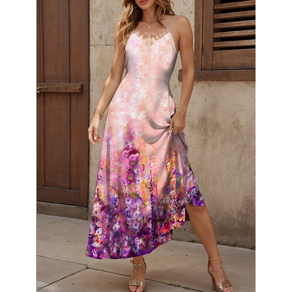 Damen Maxidress Casual kleid Maxidress Sommerkleid A Linie Kleid Elegant Brautkleider schlicht Fließend Urlaub Casual Täglich Regular Fit Blumen Graphic Ärmellos V Ausschnitt Purpur Sommer Frühling Lightinthebox