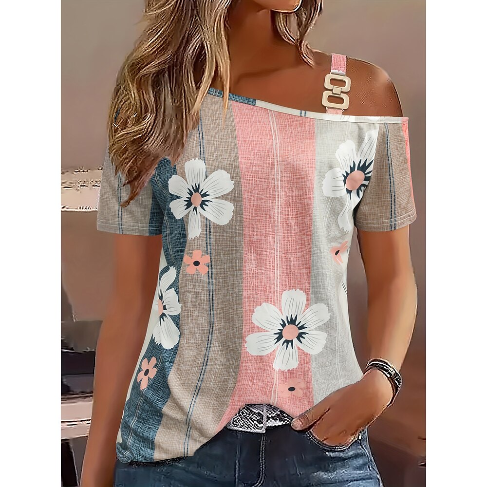 Damen T Shirt Blumen Geometrisch Brautkleider schlicht Kurzarm Ein-Schulter Normale Oberteile Täglich Rosa Sommer Frühling Lightinthebox