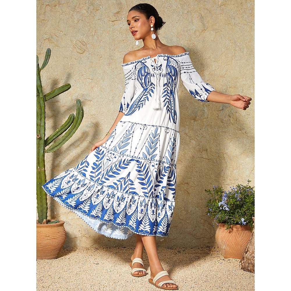 Damen Normal kleid lang Weißes Kleid Maxidress Elegant Stilvoll Dolman-Ärmel Urlaub Festtage Verabredung Regular Fit Blumen Graphic Halbe Ärmel Schulterfrei Perle Sommer Lightinthebox