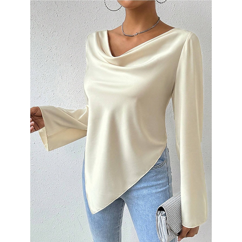 Damen Hemd Bluse Feste Farbe Stilvoll Brautkleider schlicht Langarm Asymmetrisch Normale Oberteile Täglich Knopf Tasche Beige Sommer Frühling Lightinthebox