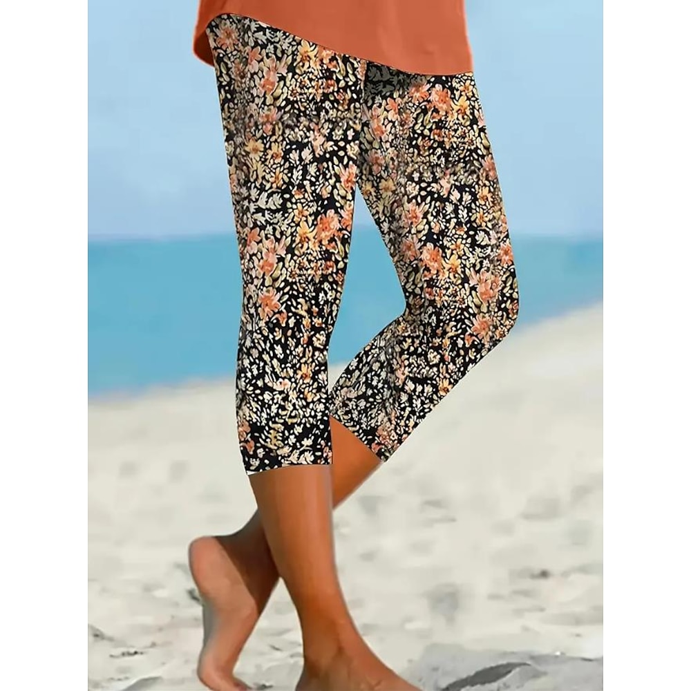 Damen Leggins Urlaub Modisch Hawaiianisch Knöchellänge Mittlere Taillenlinie Blumen Print warm Atmungsaktiv Weich Mikro-elastisch Urlaub Casual Täglich Silber / schwarz Sommer Frühling Regular Fit Lightinthebox