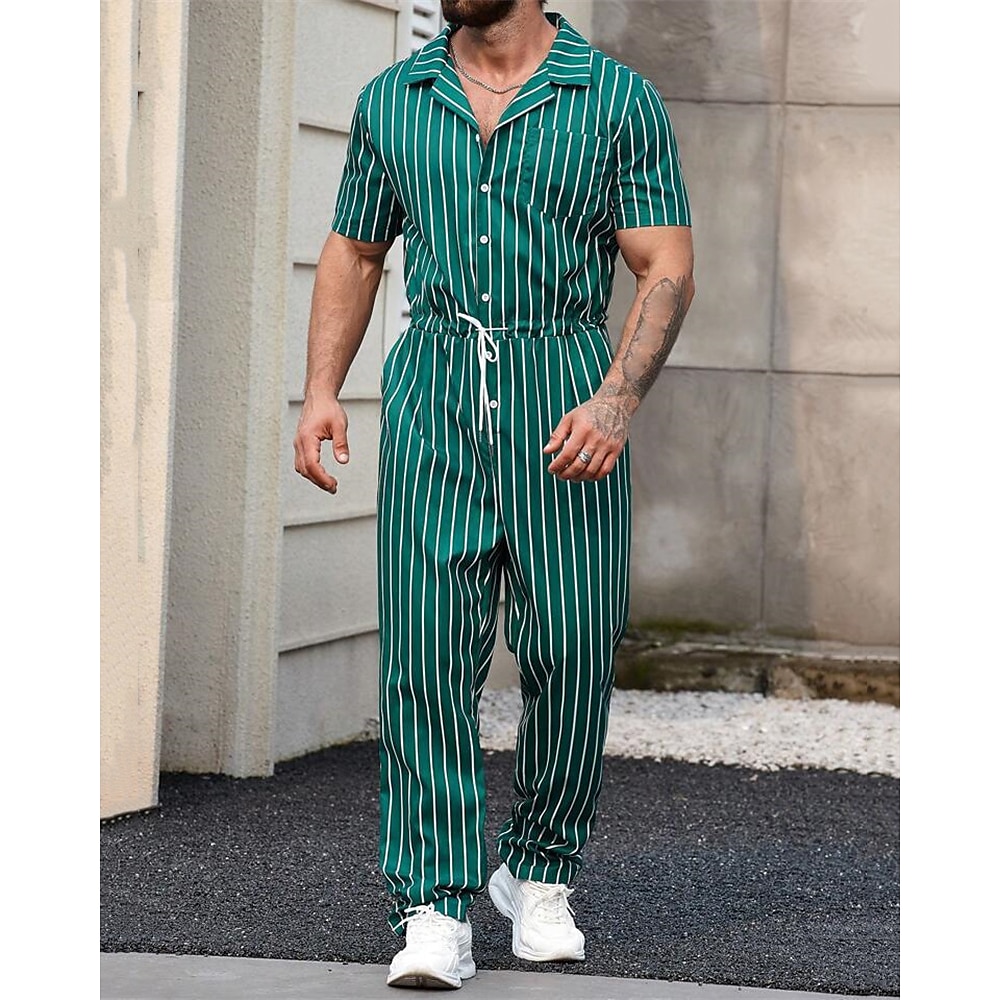 Herren T-Shirt Anzüge Jumpsuit Streifen Kargen Urlaub Freizeitskleidung Kurzarm Vordertasche Bekleidung Polyester Modisch Brautkleider schlicht Lightinthebox