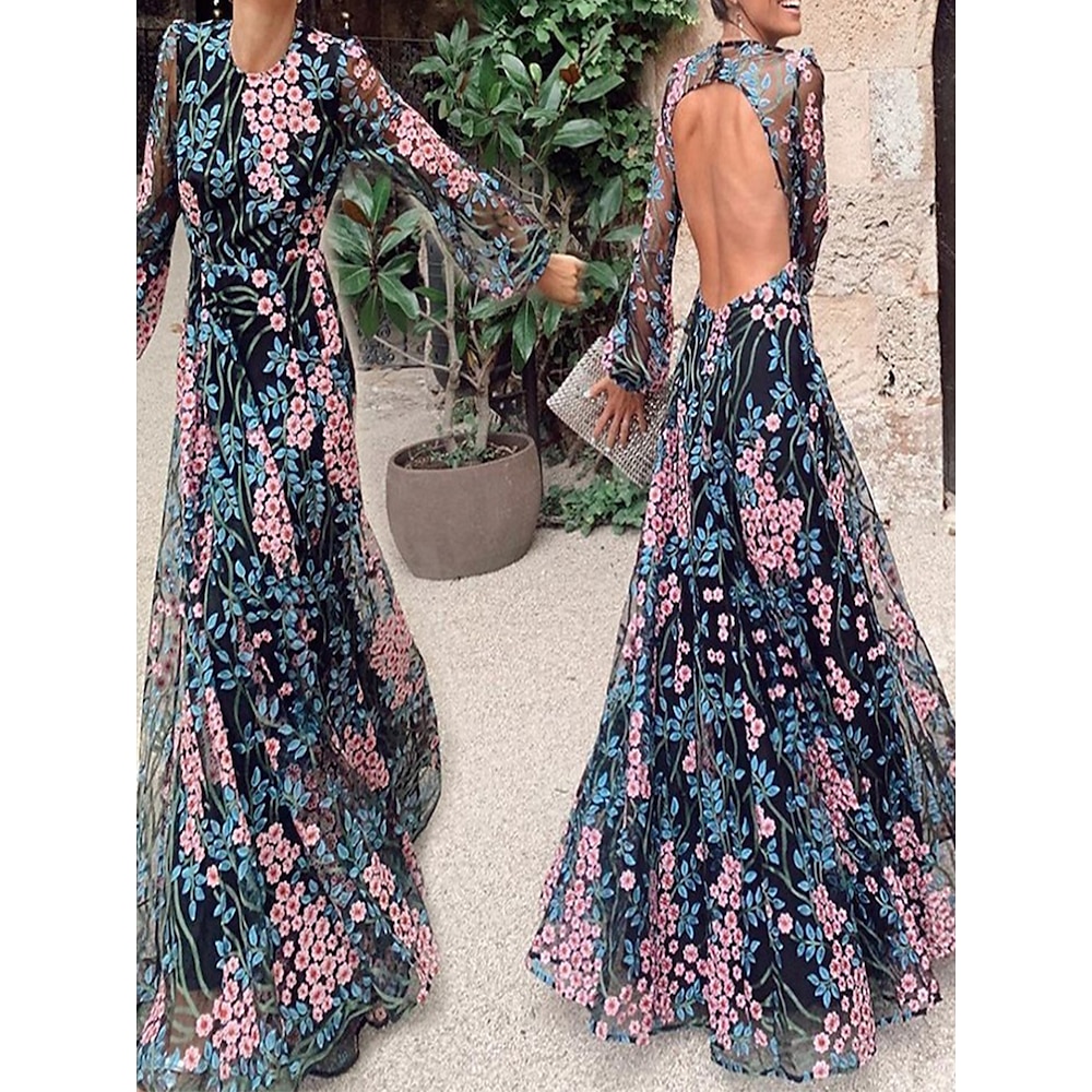 Damen Maxidress A Linie Kleid Tüll-Kleid Figurbetontes Kleid Rückenfreies Kleid Urlaub Urlaub Täglich Regular Fit Blumen Graphic Langarm V Ausschnitt Schwarz Sommer Lightinthebox